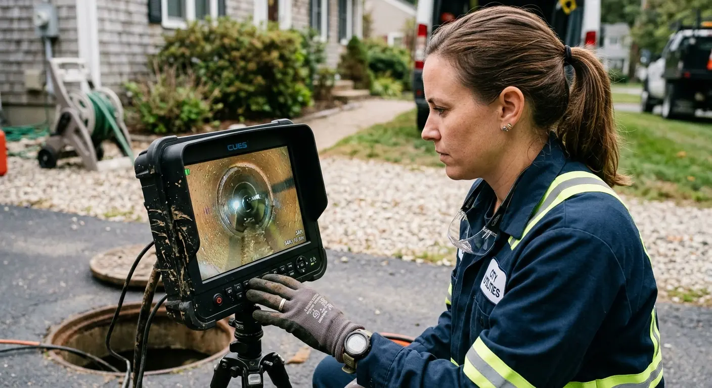 Technician reviewing sewer camera inspection footage in Houston