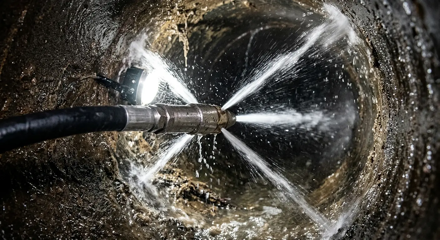 High-pressure hydro jetting nozzle cleaning sewer pipe for Sewer Cleanout in Houston