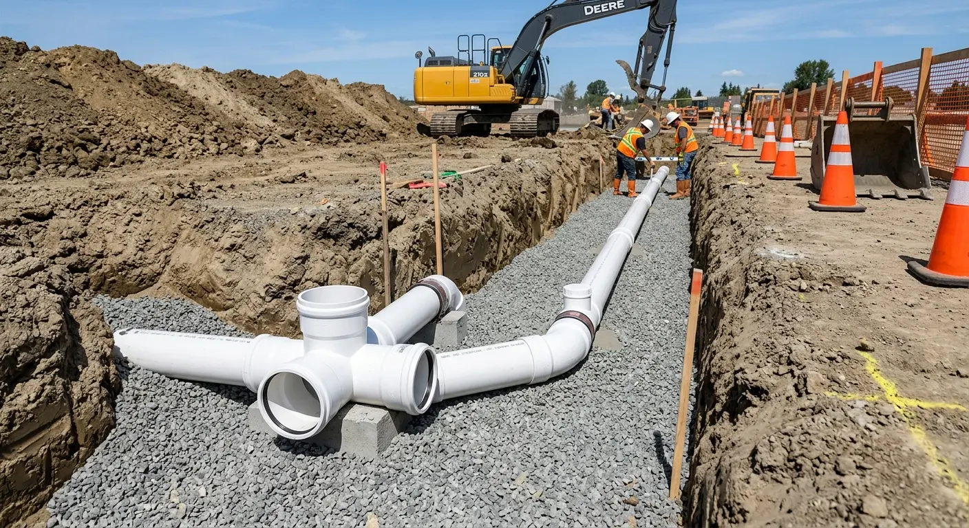 New PVC sewer pipe installation in open trench for Commercial Drain Cleaning in Houston