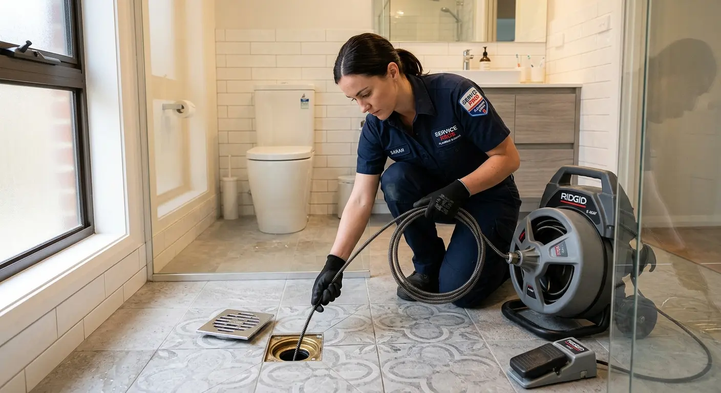 Technician clearing a bathroom floor drain for Sewer Line Replacement in Houston